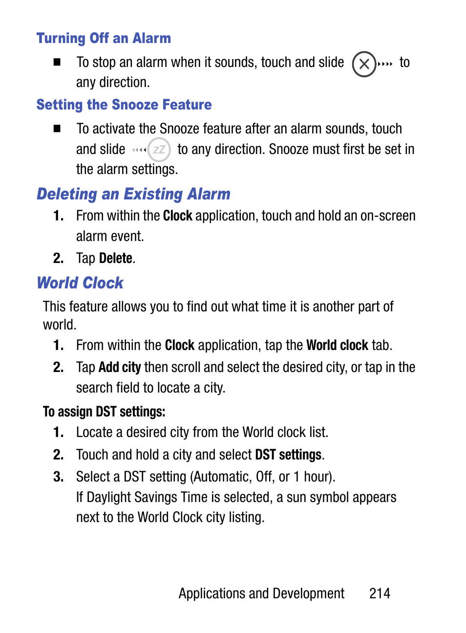 Deleting an existing alarm, World clock | Samsung SM-S975LZKATFN User Manual | Page 221 / 479