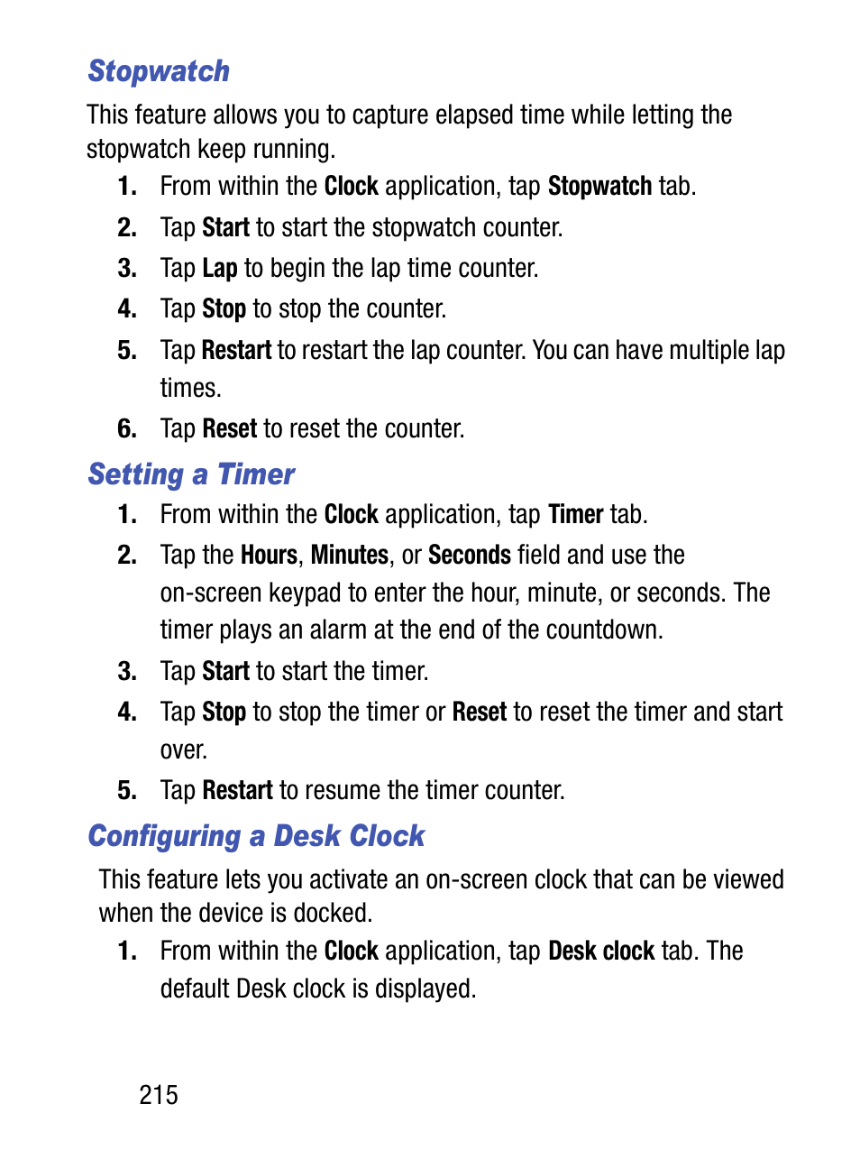 Stopwatch, Setting a timer, Configuring a desk clock | Samsung SM-S975LZKATFN User Manual | Page 222 / 479