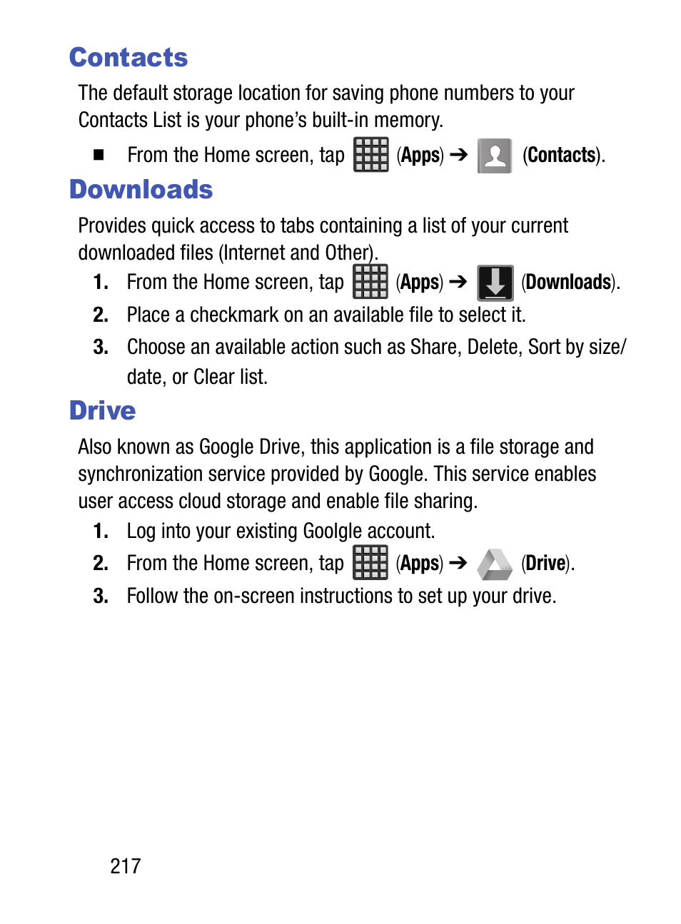 Contacts, Downloads, Drive | Contacts downloads drive | Samsung SM-S975LZKATFN User Manual | Page 224 / 479