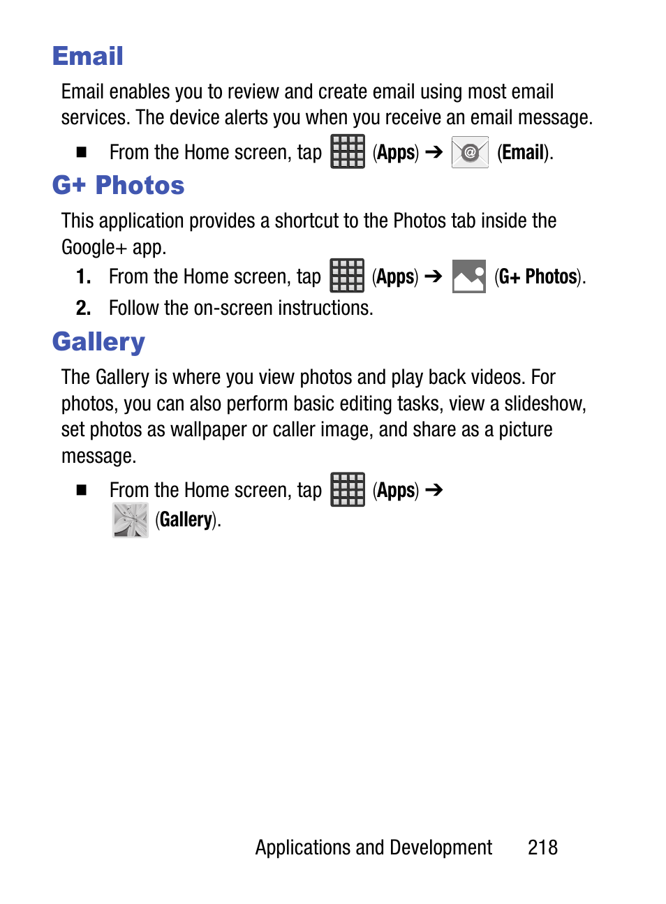 Email, G+ photos, Gallery | Email g+ photos gallery | Samsung SM-S975LZKATFN User Manual | Page 225 / 479