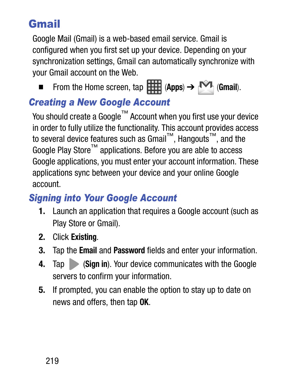 Gmail, Creating a new google account, Signing into your google account | Samsung SM-S975LZKATFN User Manual | Page 226 / 479
