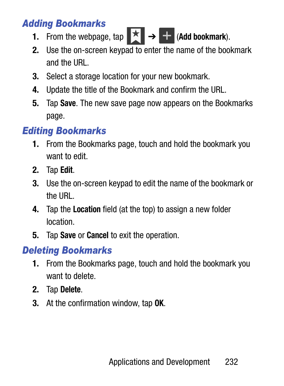 Adding bookmarks, Editing bookmarks, Deleting bookmarks | Samsung SM-S975LZKATFN User Manual | Page 239 / 479