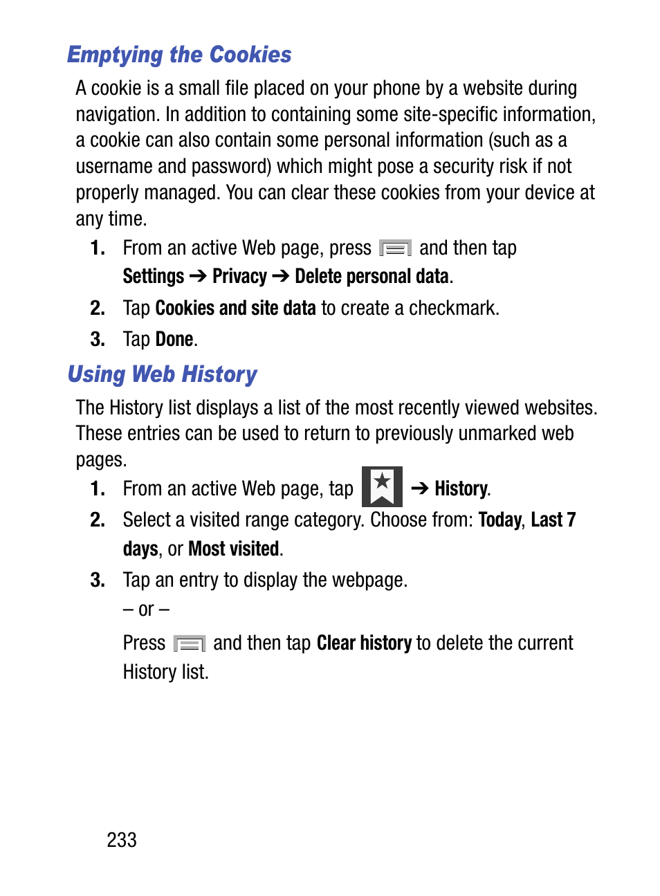 Emptying the cookies, Using web history | Samsung SM-S975LZKATFN User Manual | Page 240 / 479