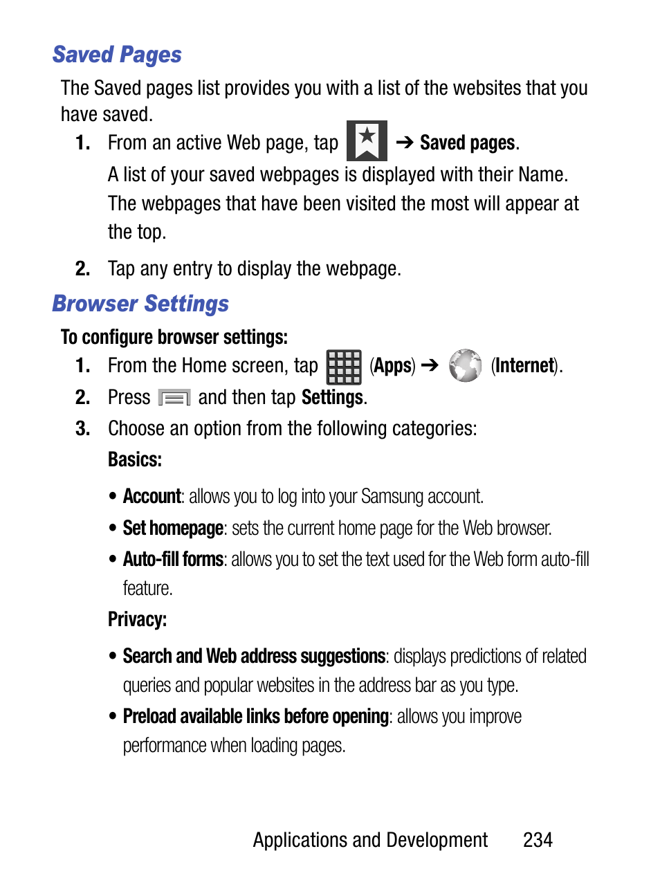 Saved pages, Browser settings | Samsung SM-S975LZKATFN User Manual | Page 241 / 479