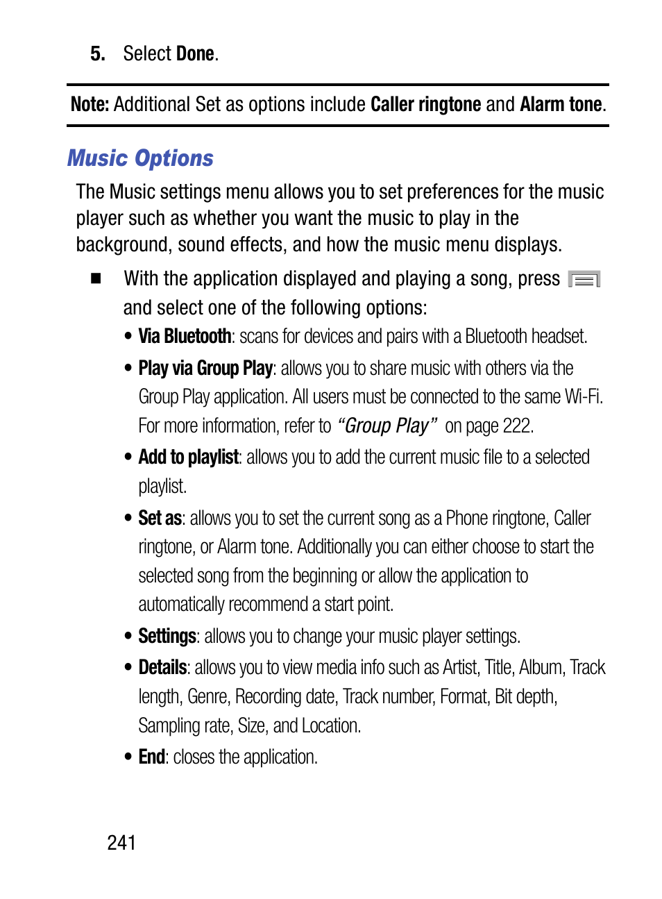 Music options | Samsung SM-S975LZKATFN User Manual | Page 248 / 479