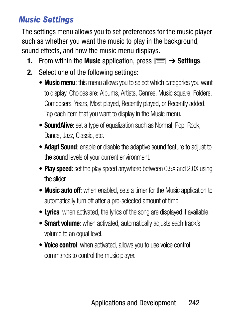 Music settings | Samsung SM-S975LZKATFN User Manual | Page 249 / 479
