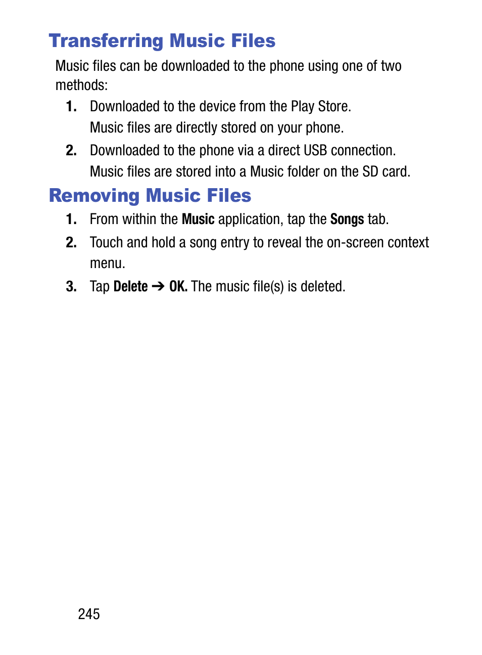 Transferring music files, Removing music files, Transferring music files removing music files | Samsung SM-S975LZKATFN User Manual | Page 252 / 479
