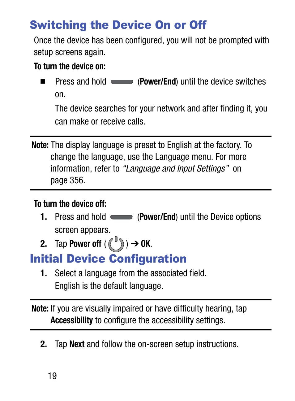 Switching the device on or off, Initial device configuration | Samsung SM-S975LZKATFN User Manual | Page 26 / 479