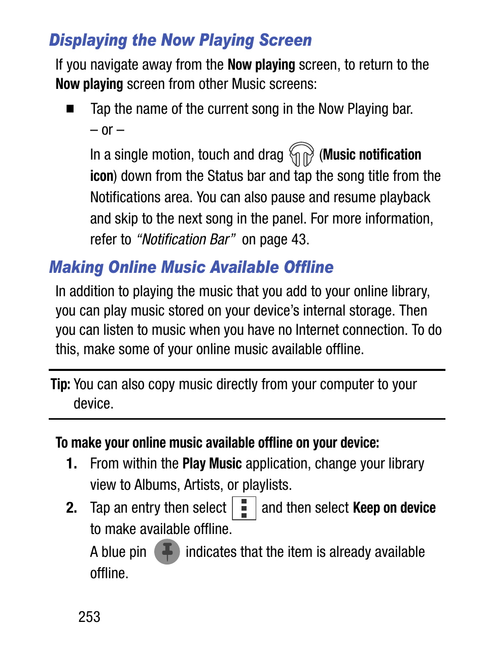 Displaying the now playing screen, Making online music available offline | Samsung SM-S975LZKATFN User Manual | Page 260 / 479