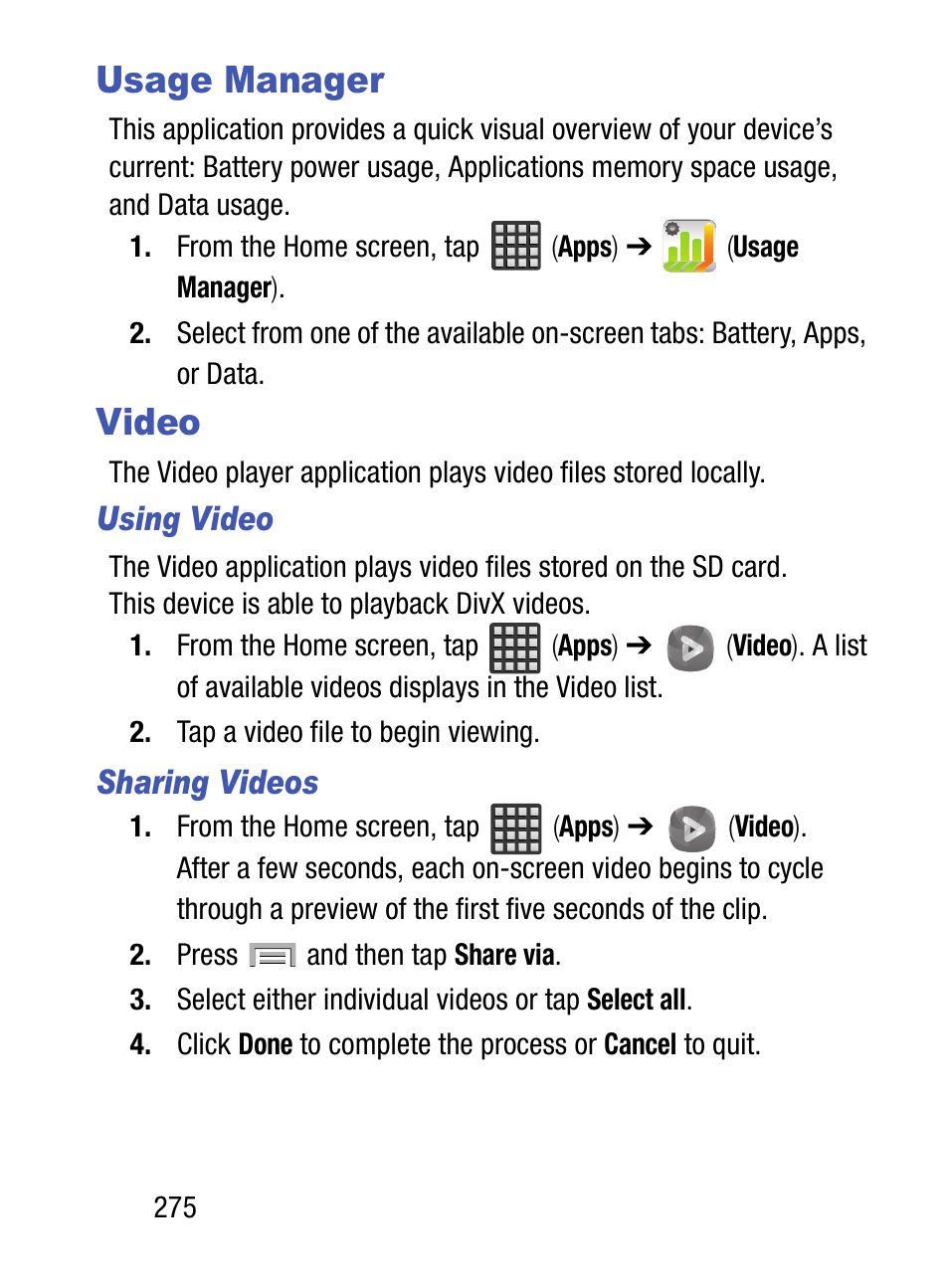 Usage manager, Video, Usage manager video | Samsung SM-S975LZKATFN User Manual | Page 282 / 479