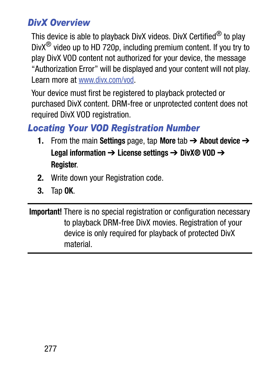 Divx overview, Locating your vod registration number | Samsung SM-S975LZKATFN User Manual | Page 284 / 479