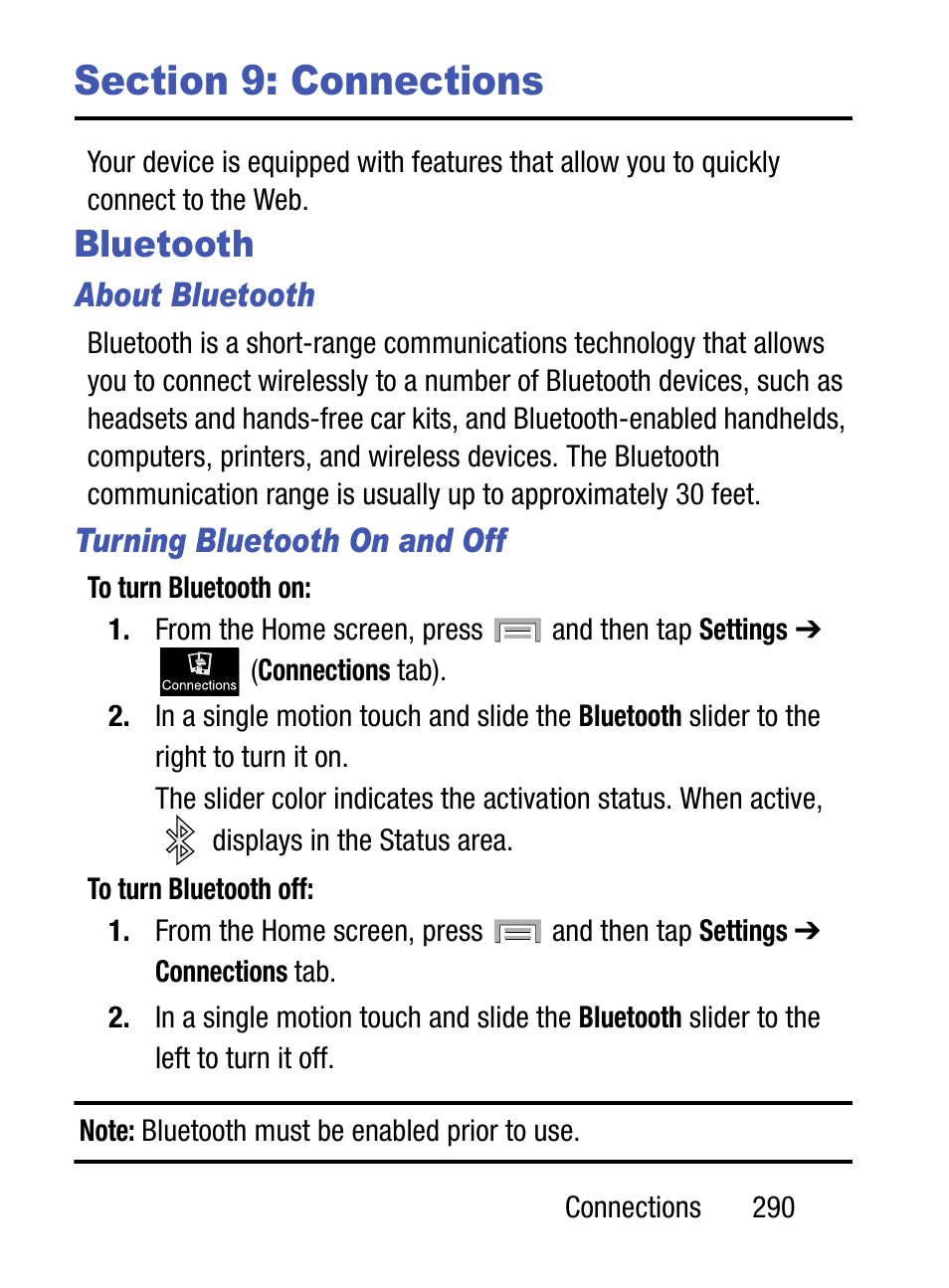 Section 9: connections, Bluetooth | Samsung SM-S975LZKATFN User Manual | Page 297 / 479