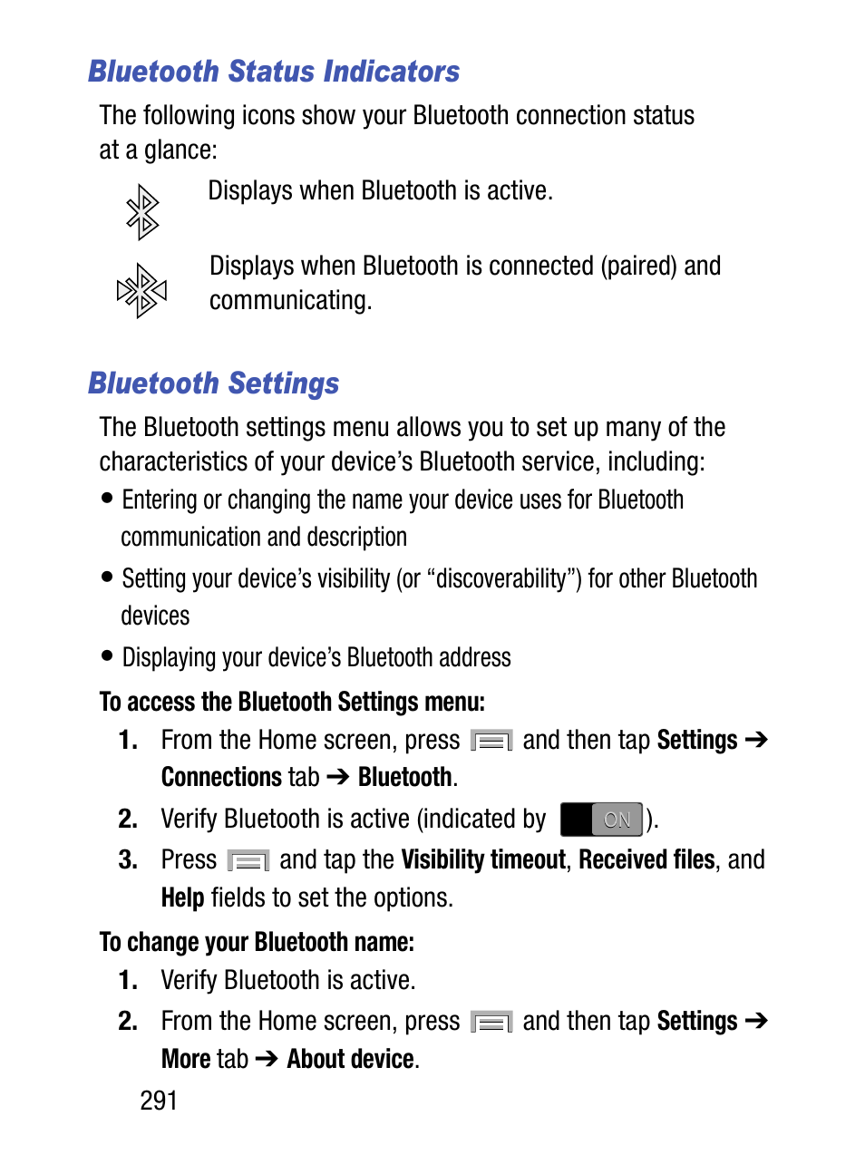 Bluetooth status indicators, Bluetooth settings | Samsung SM-S975LZKATFN User Manual | Page 298 / 479