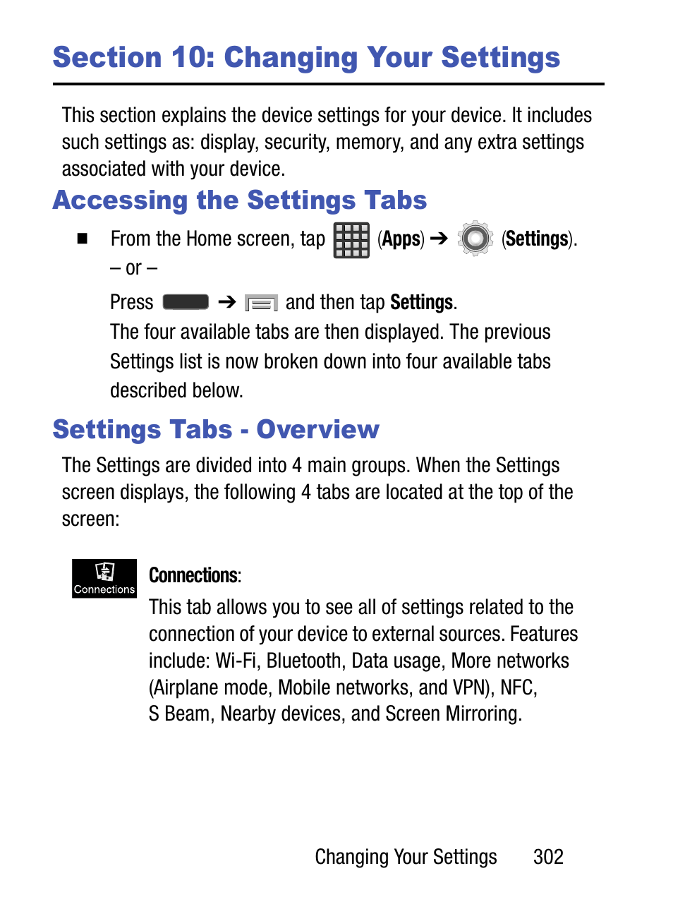 Section 10: changing your settings, Accessing the settings tabs, Settings tabs - overview | Samsung SM-S975LZKATFN User Manual | Page 309 / 479