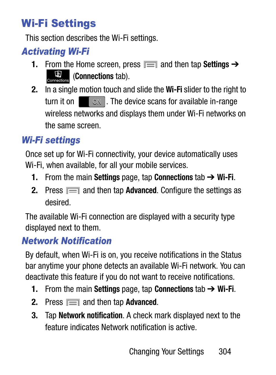 Wi-fi settings, Activating wi-fi, Network notification | Samsung SM-S975LZKATFN User Manual | Page 311 / 479