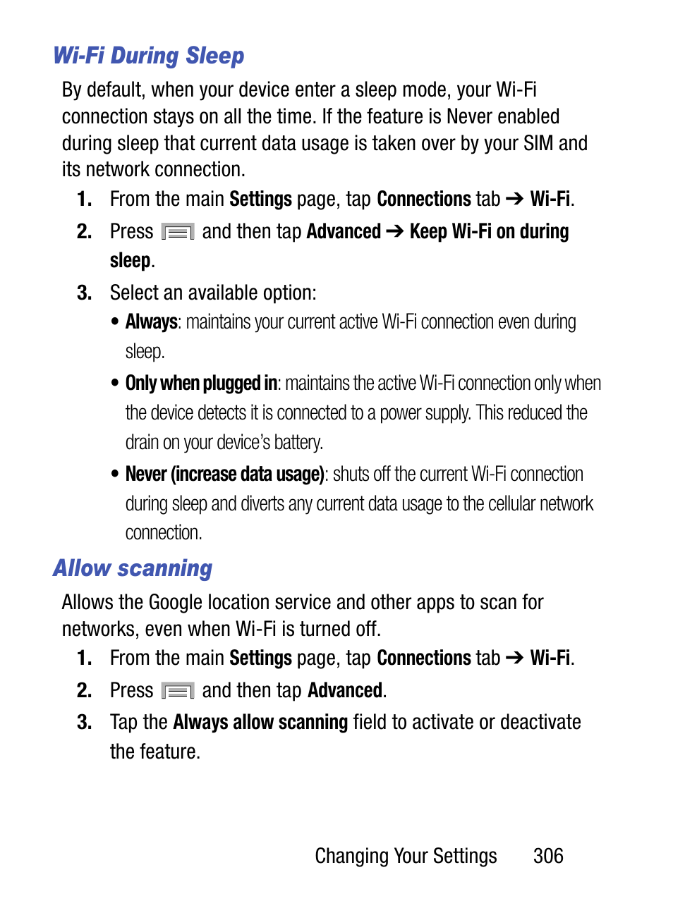 Wi-fi during sleep, Allow scanning | Samsung SM-S975LZKATFN User Manual | Page 313 / 479