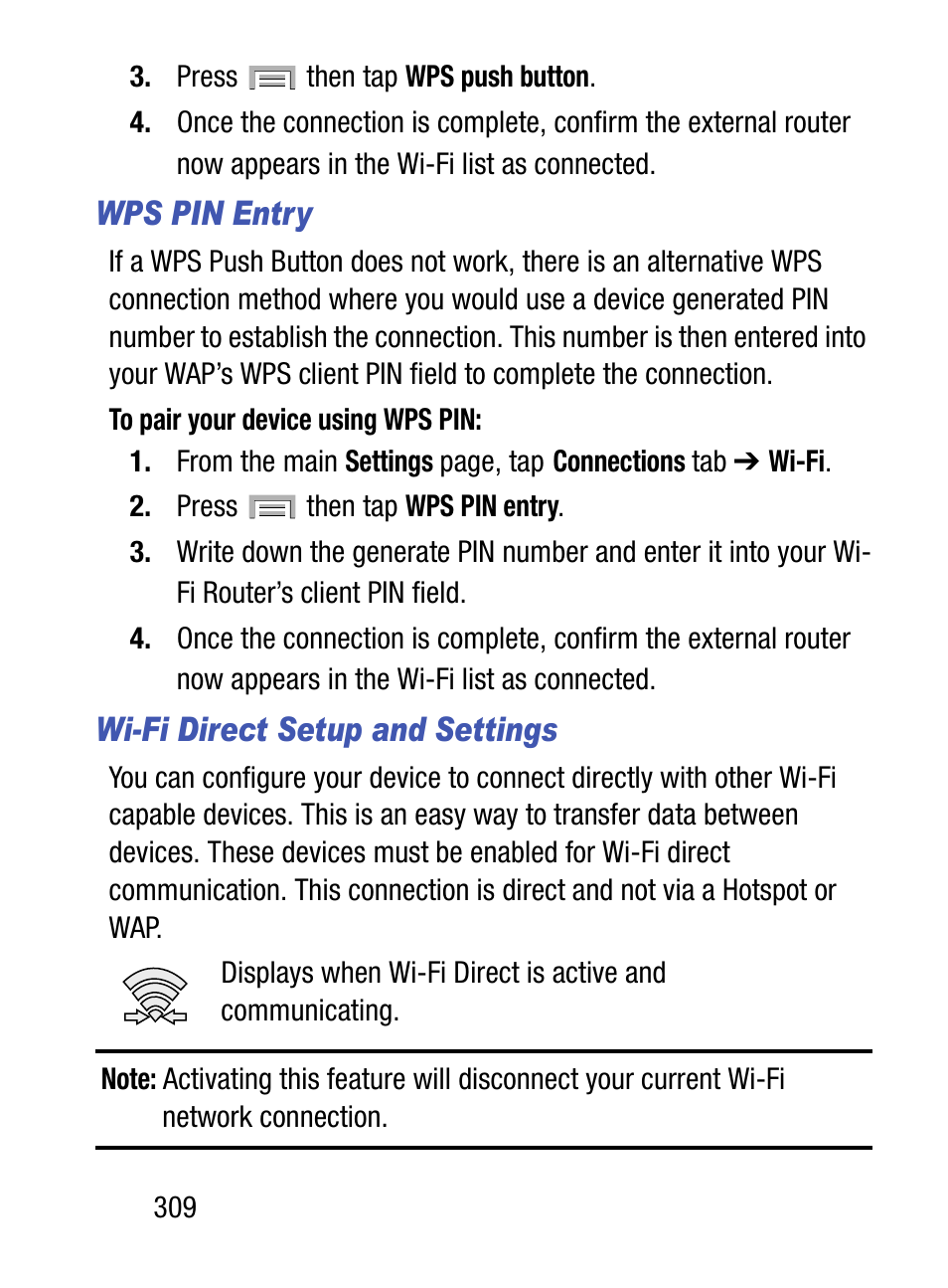 Wps pin entry, Wi-fi direct setup and settings | Samsung SM-S975LZKATFN User Manual | Page 316 / 479