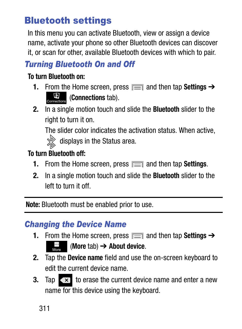 Bluetooth settings, Turning bluetooth on and off, Changing the device name | Samsung SM-S975LZKATFN User Manual | Page 318 / 479