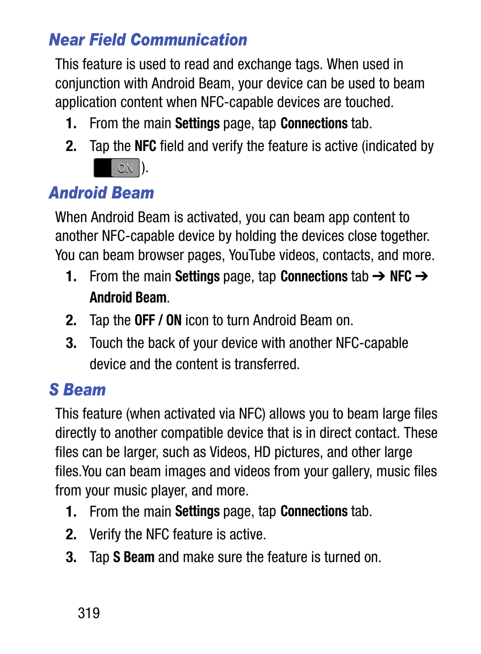 Near field communication, Android beam, S beam | Samsung SM-S975LZKATFN User Manual | Page 326 / 479