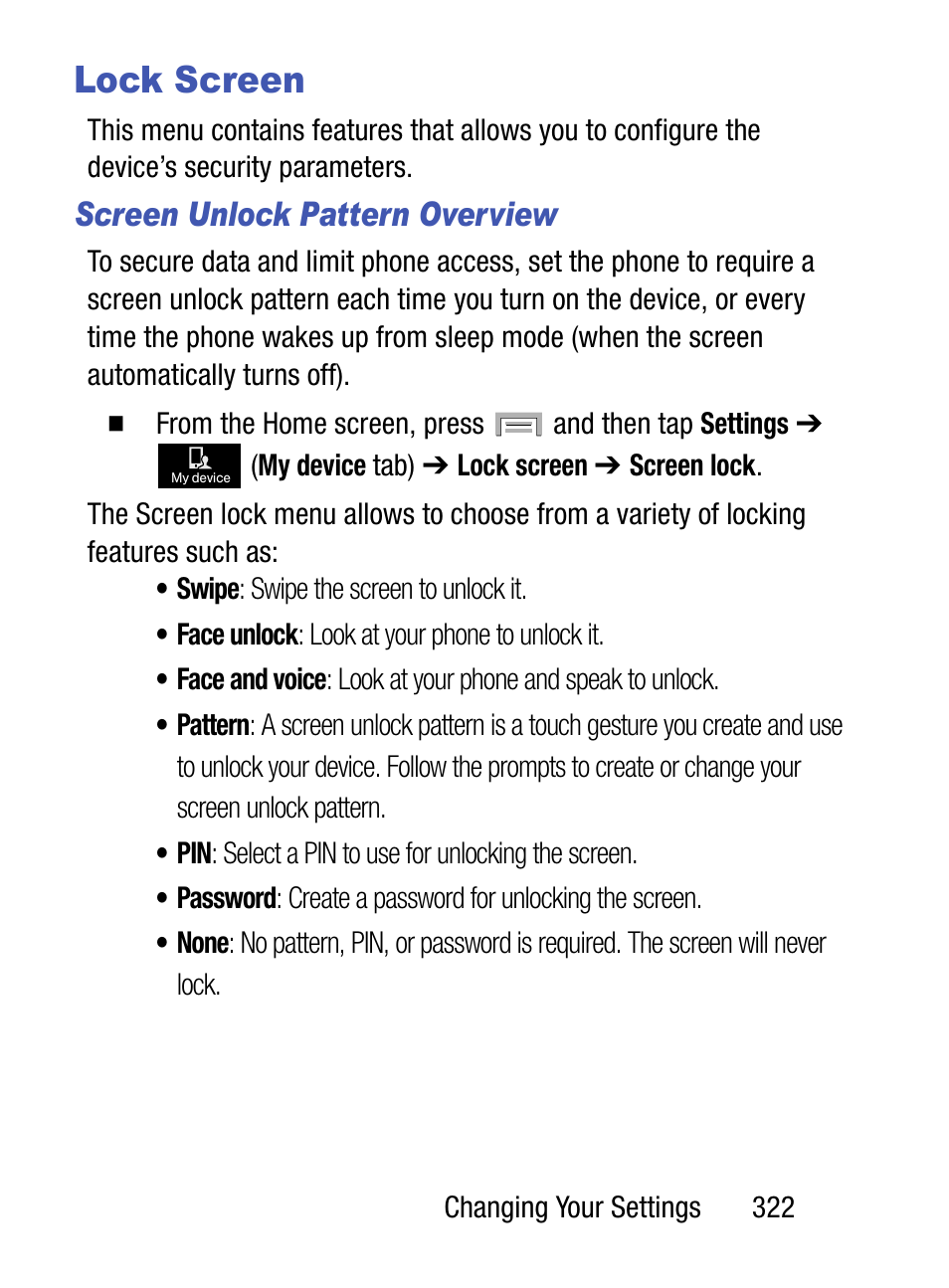 Lock screen, Screen unlock pattern overview | Samsung SM-S975LZKATFN User Manual | Page 329 / 479