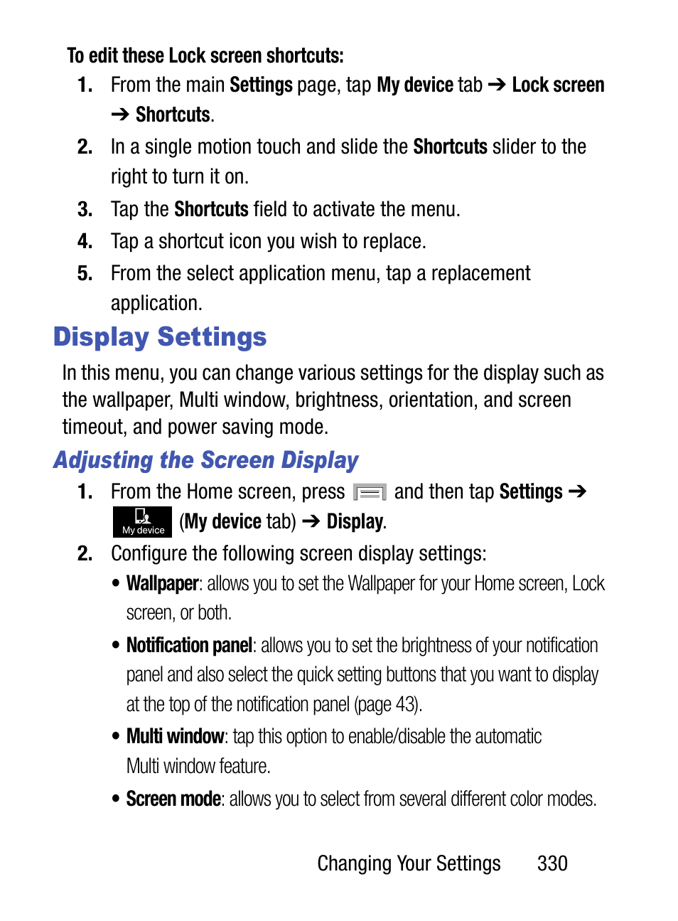 Display settings, Adjusting the screen display | Samsung SM-S975LZKATFN User Manual | Page 337 / 479