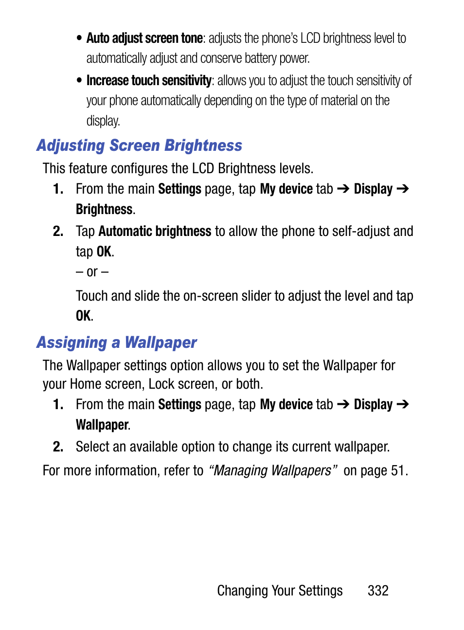 Adjusting screen brightness, Assigning a wallpaper | Samsung SM-S975LZKATFN User Manual | Page 339 / 479