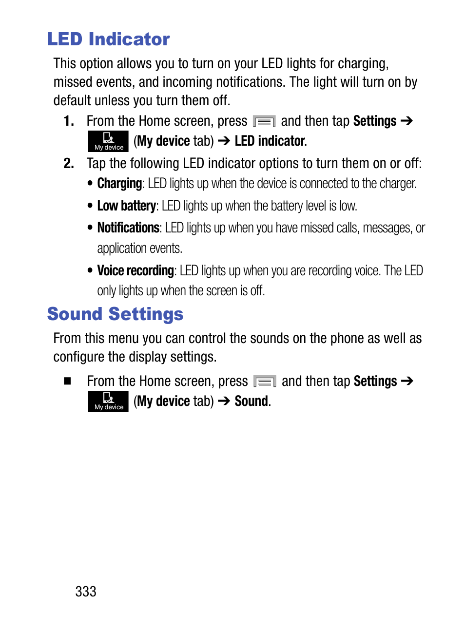 Led indicator, Sound settings, Led indicator sound settings | Samsung SM-S975LZKATFN User Manual | Page 340 / 479
