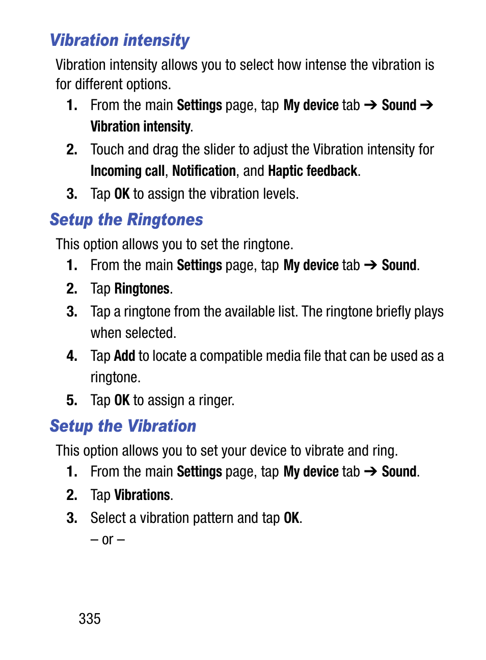 Vibration intensity, Setup the ringtones, Setup the vibration | Samsung SM-S975LZKATFN User Manual | Page 342 / 479