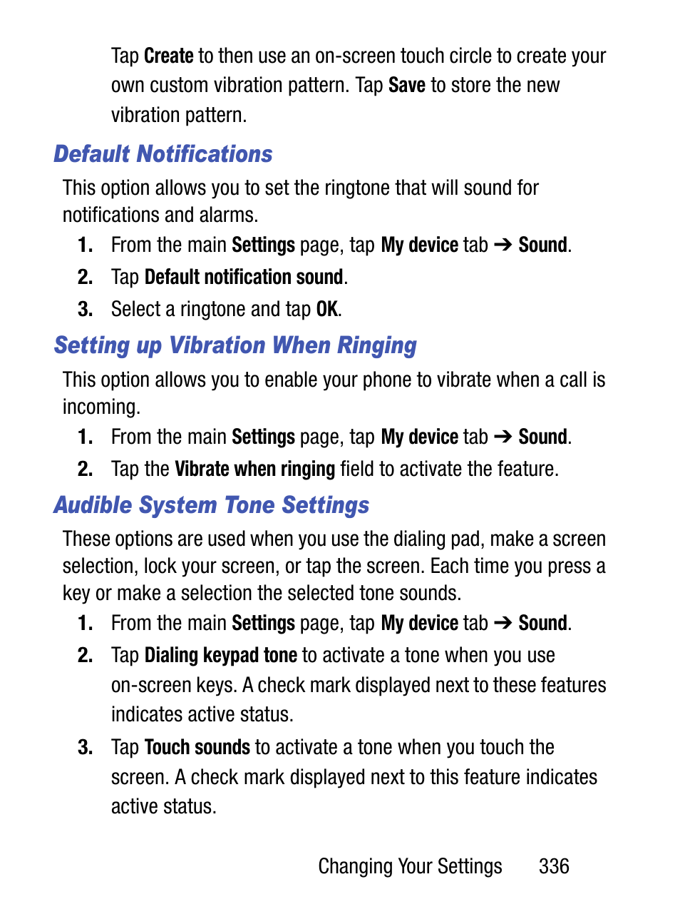 Default notifications, Setting up vibration when ringing, Audible system tone settings | Samsung SM-S975LZKATFN User Manual | Page 343 / 479