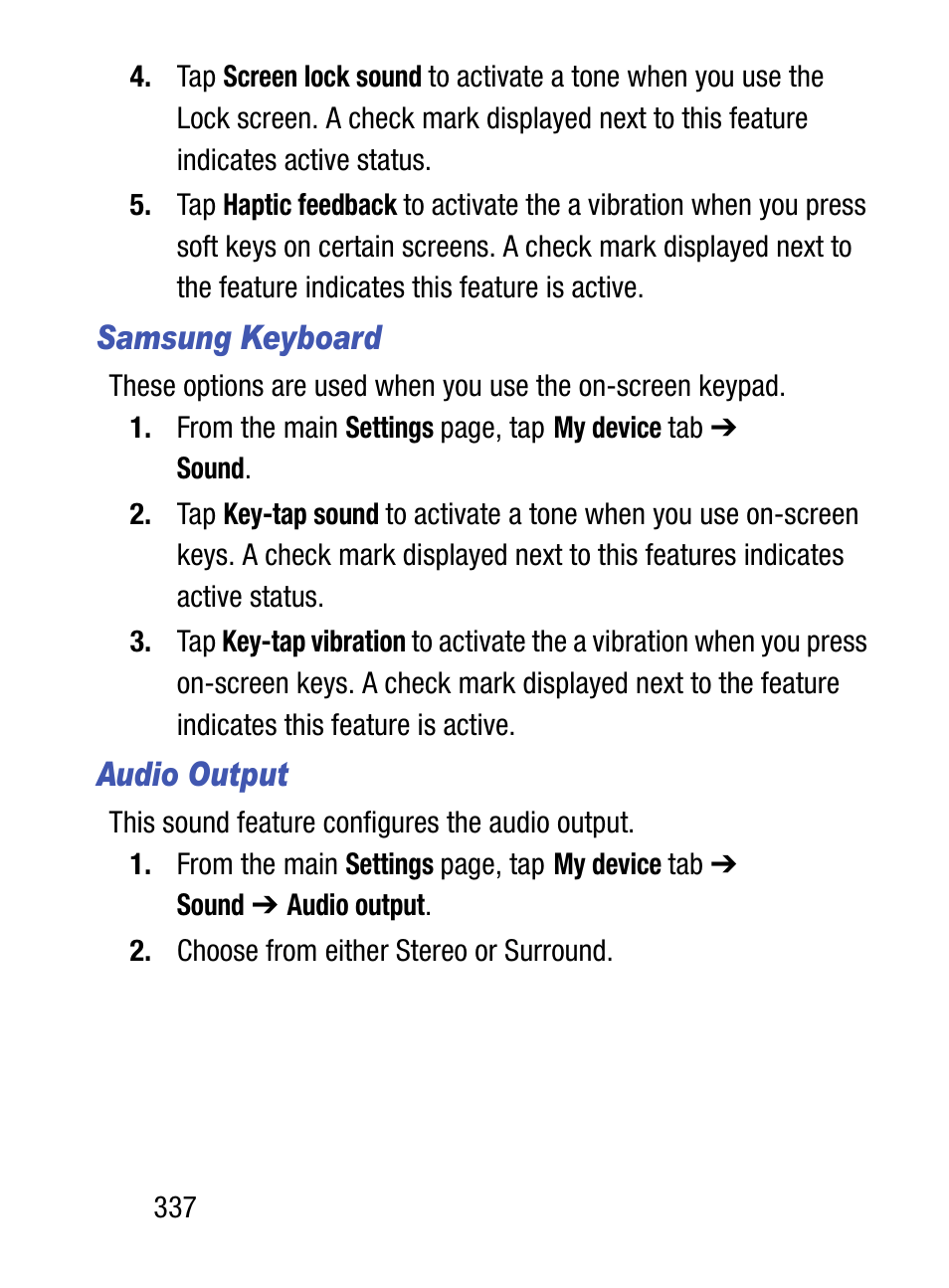 Samsung keyboard, Audio output | Samsung SM-S975LZKATFN User Manual | Page 344 / 479