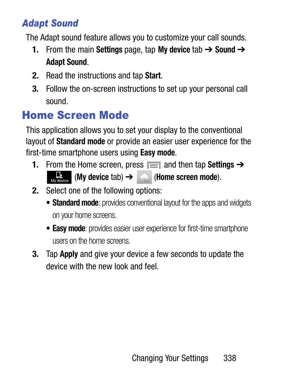 Home screen mode, Adapt sound | Samsung SM-S975LZKATFN User Manual | Page 345 / 479