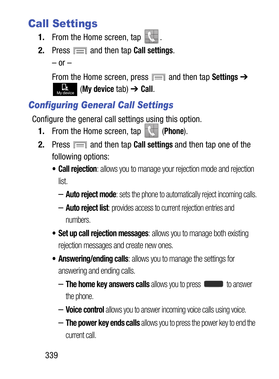 Call settings, Configuring general call settings | Samsung SM-S975LZKATFN User Manual | Page 346 / 479