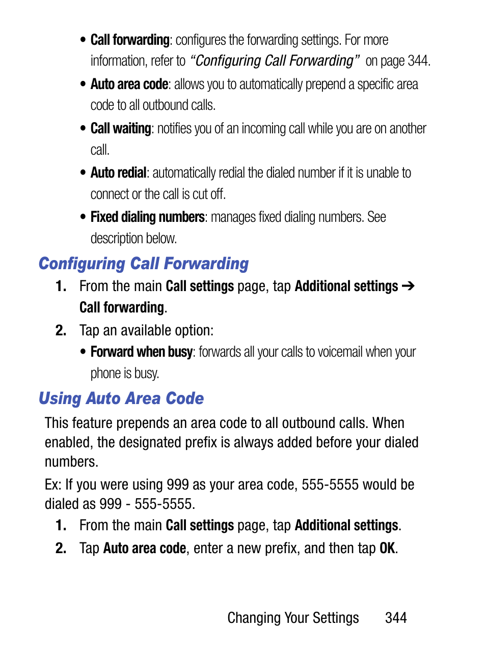 Configuring call forwarding, Using auto area code | Samsung SM-S975LZKATFN User Manual | Page 351 / 479