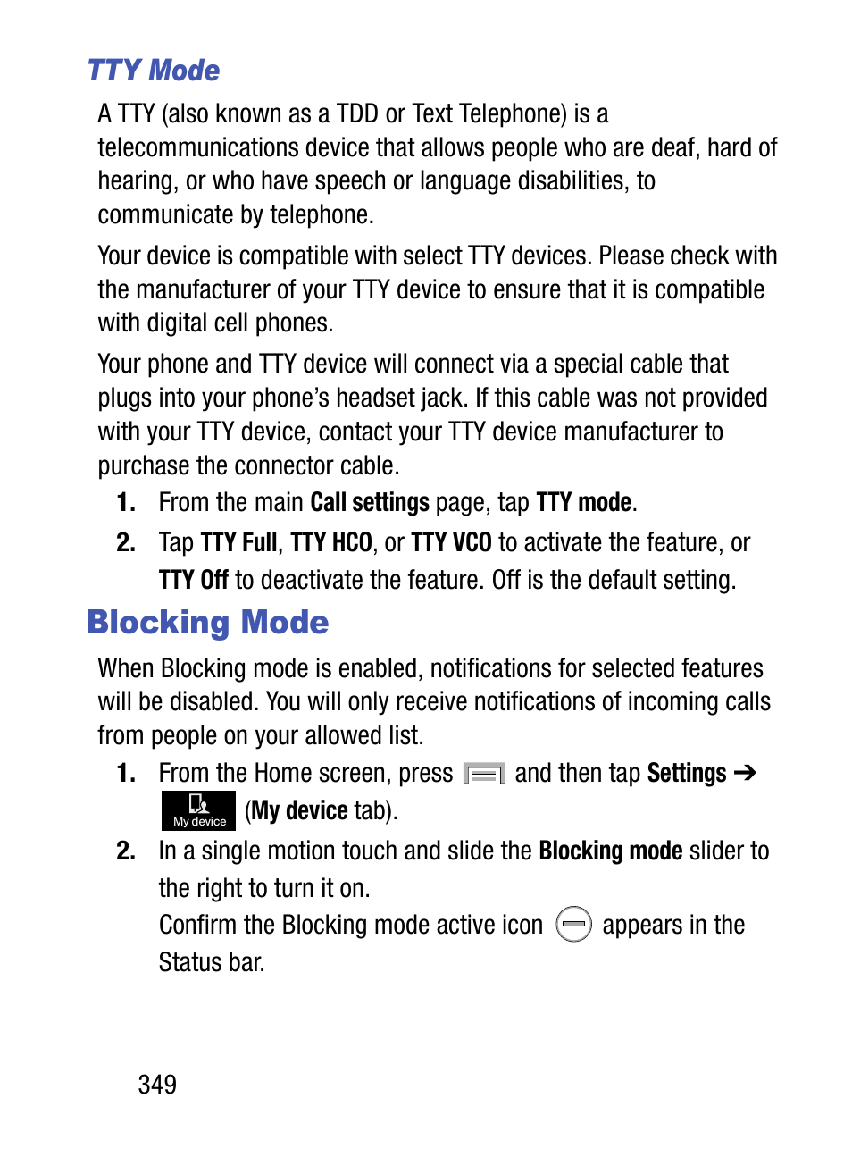 Blocking mode, Tty mode | Samsung SM-S975LZKATFN User Manual | Page 356 / 479