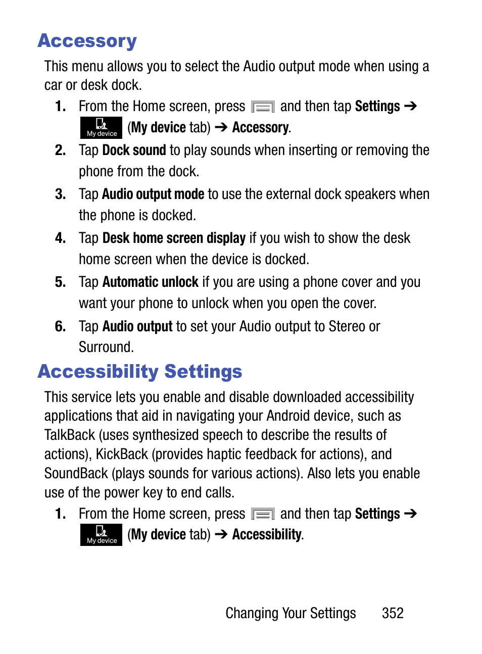 Accessory, Accessibility settings, Accessory accessibility settings | Samsung SM-S975LZKATFN User Manual | Page 359 / 479