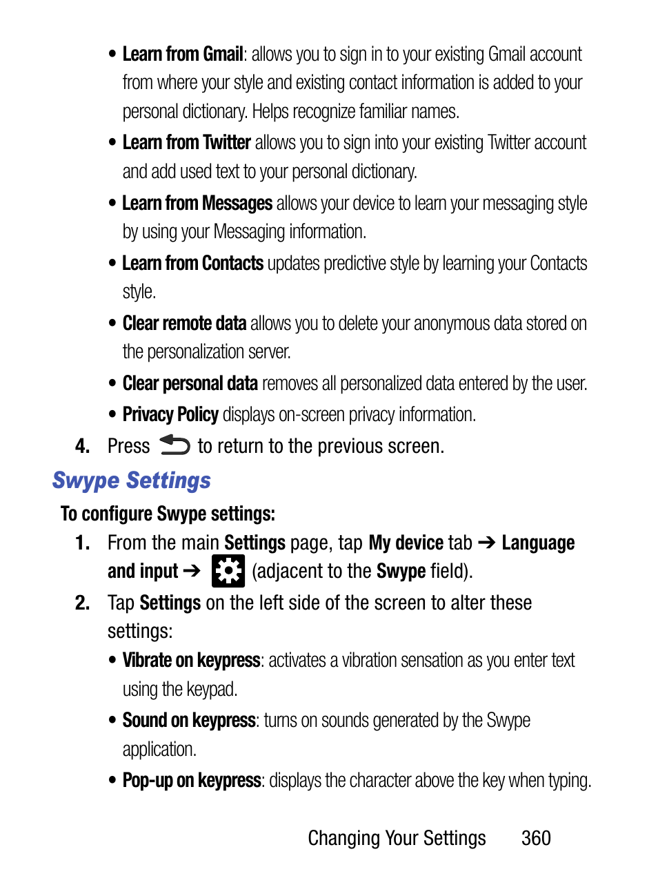 Swype settings | Samsung SM-S975LZKATFN User Manual | Page 367 / 479