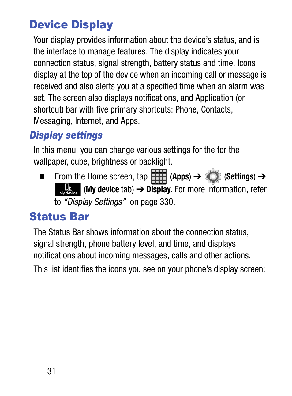 Device display, Status bar, Device display status bar | Display settings | Samsung SM-S975LZKATFN User Manual | Page 38 / 479