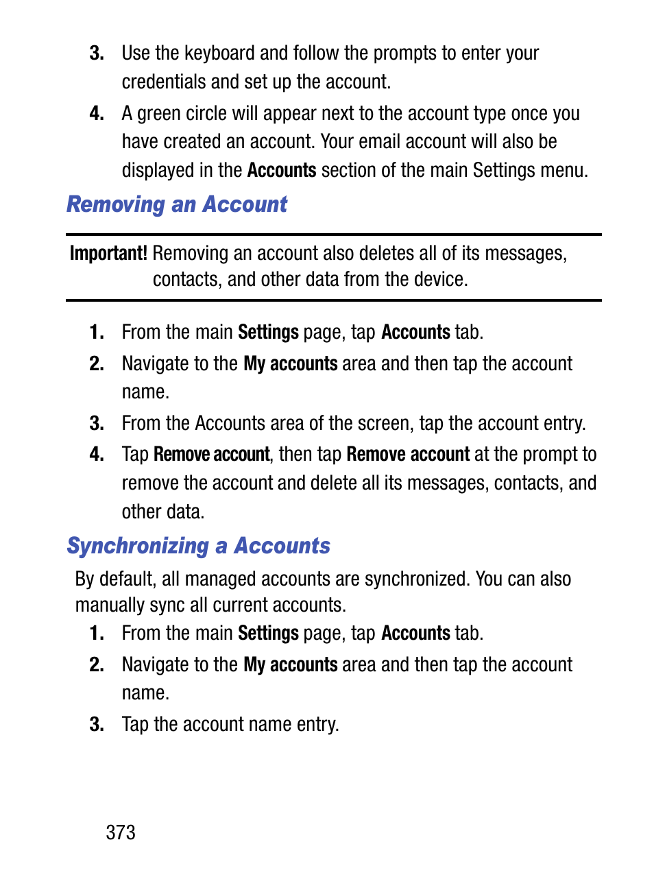 Removing an account, Synchronizing a accounts | Samsung SM-S975LZKATFN User Manual | Page 380 / 479