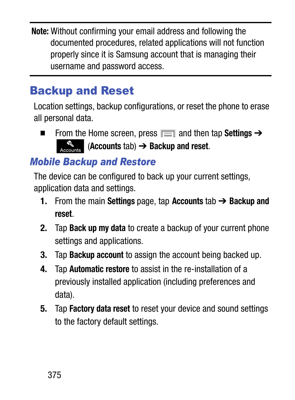 Backup and reset, Mobile backup and restore | Samsung SM-S975LZKATFN User Manual | Page 382 / 479