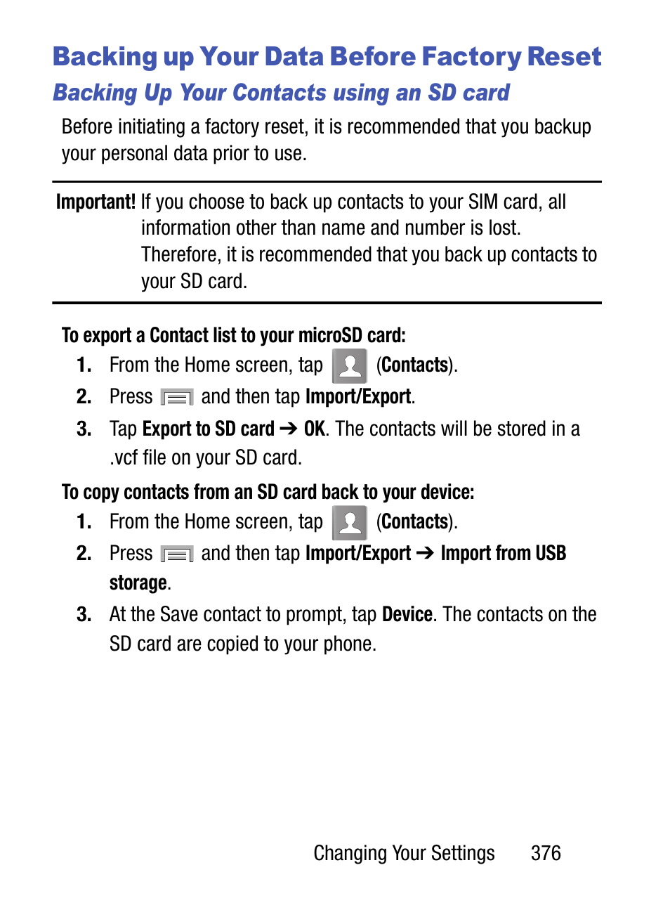 Backing up your data before factory reset, Backing up your contacts using an sd card | Samsung SM-S975LZKATFN User Manual | Page 383 / 479