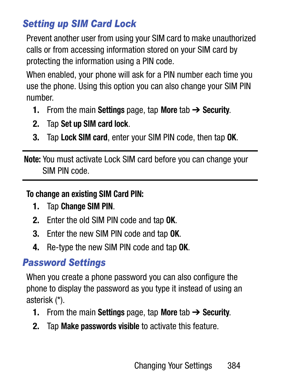 Setting up sim card lock, Password settings | Samsung SM-S975LZKATFN User Manual | Page 391 / 479