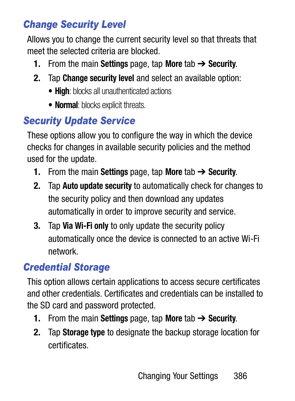Change security level, Security update service, Credential storage | Samsung SM-S975LZKATFN User Manual | Page 393 / 479