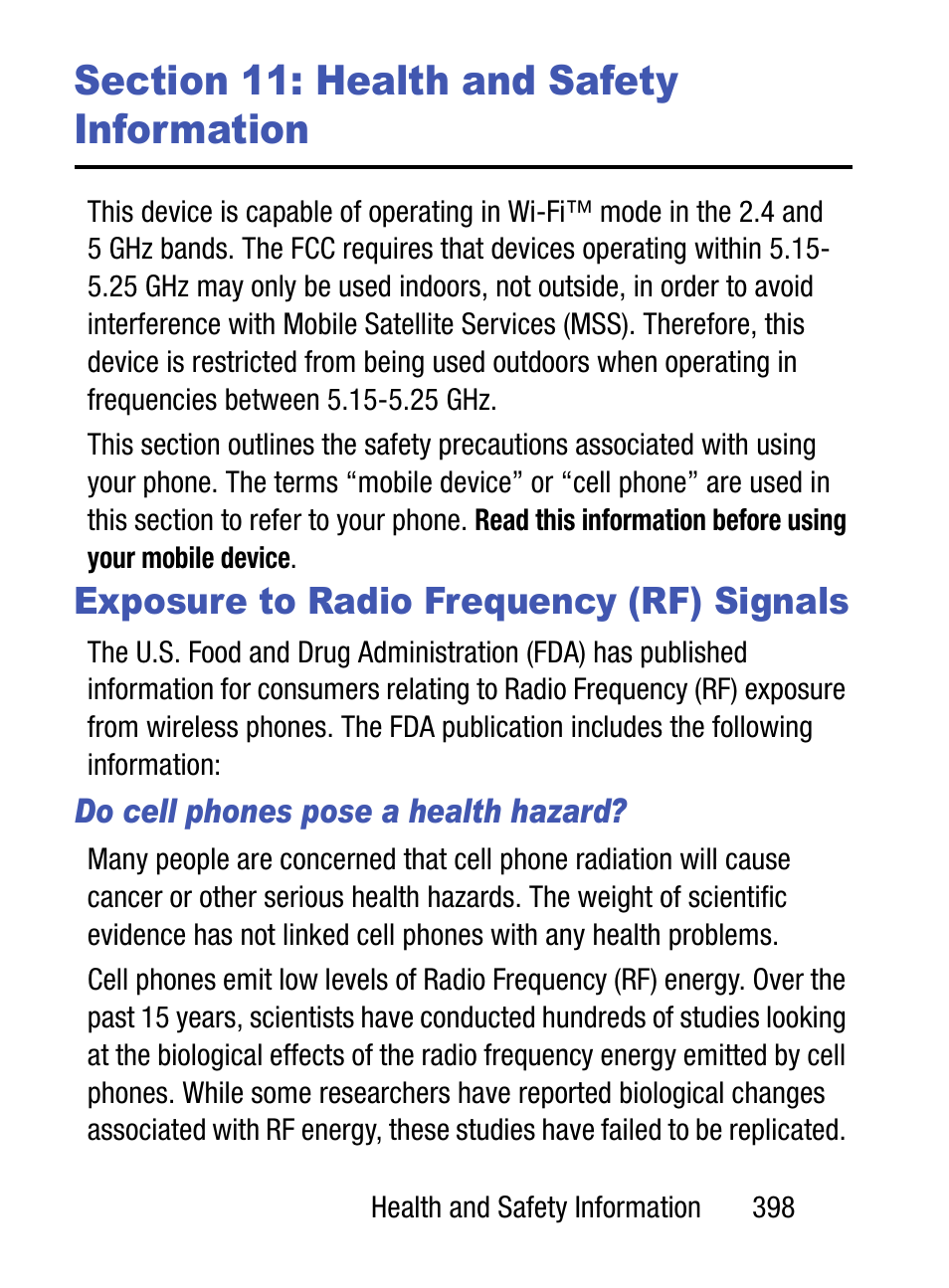 Section 11: health and safety information, Exposure to radio frequency (rf) signals | Samsung SM-S975LZKATFN User Manual | Page 405 / 479