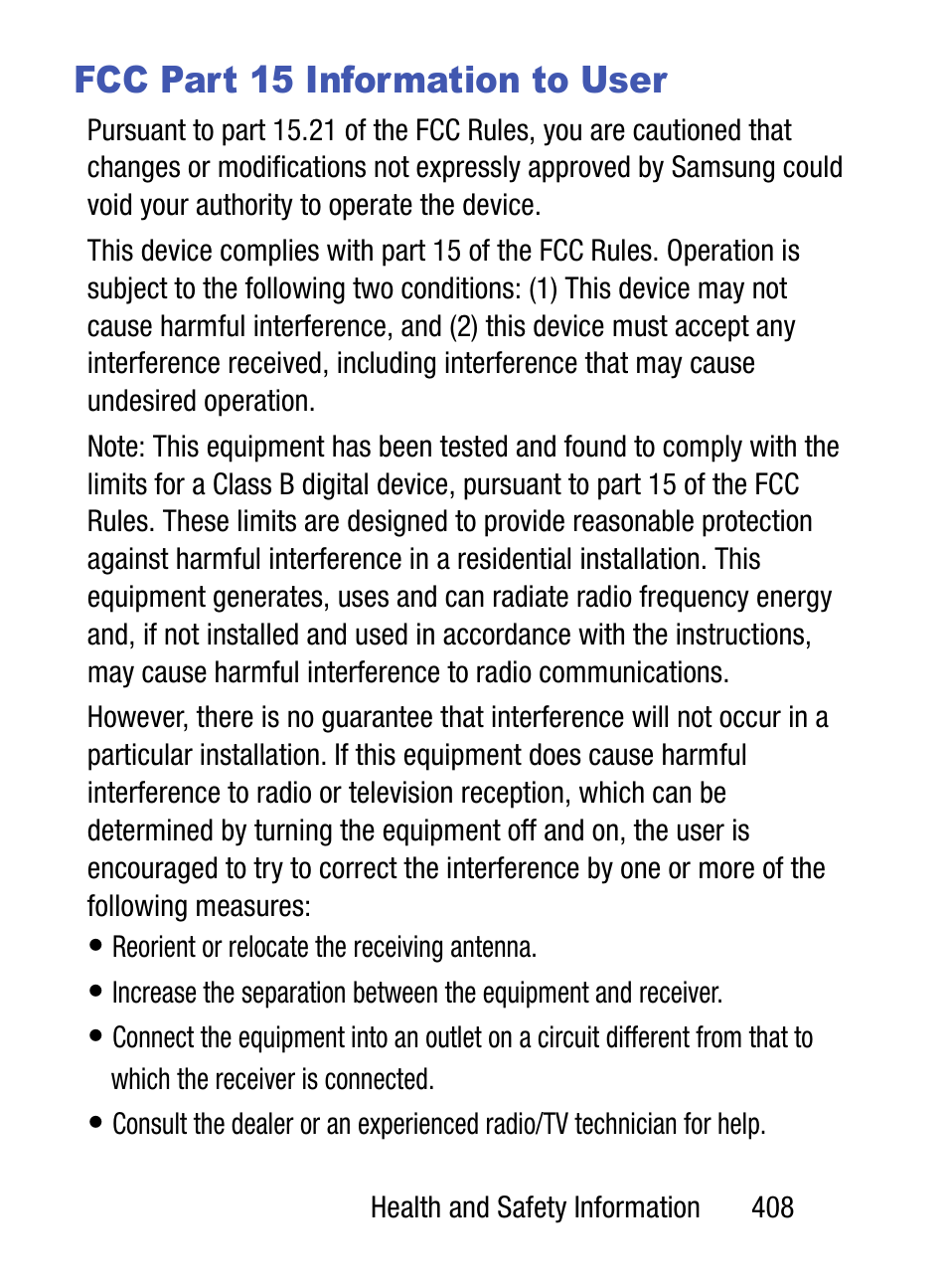 Fcc part 15 information to user | Samsung SM-S975LZKATFN User Manual | Page 415 / 479