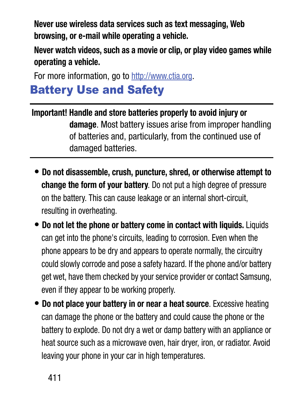 Battery use and safety | Samsung SM-S975LZKATFN User Manual | Page 418 / 479