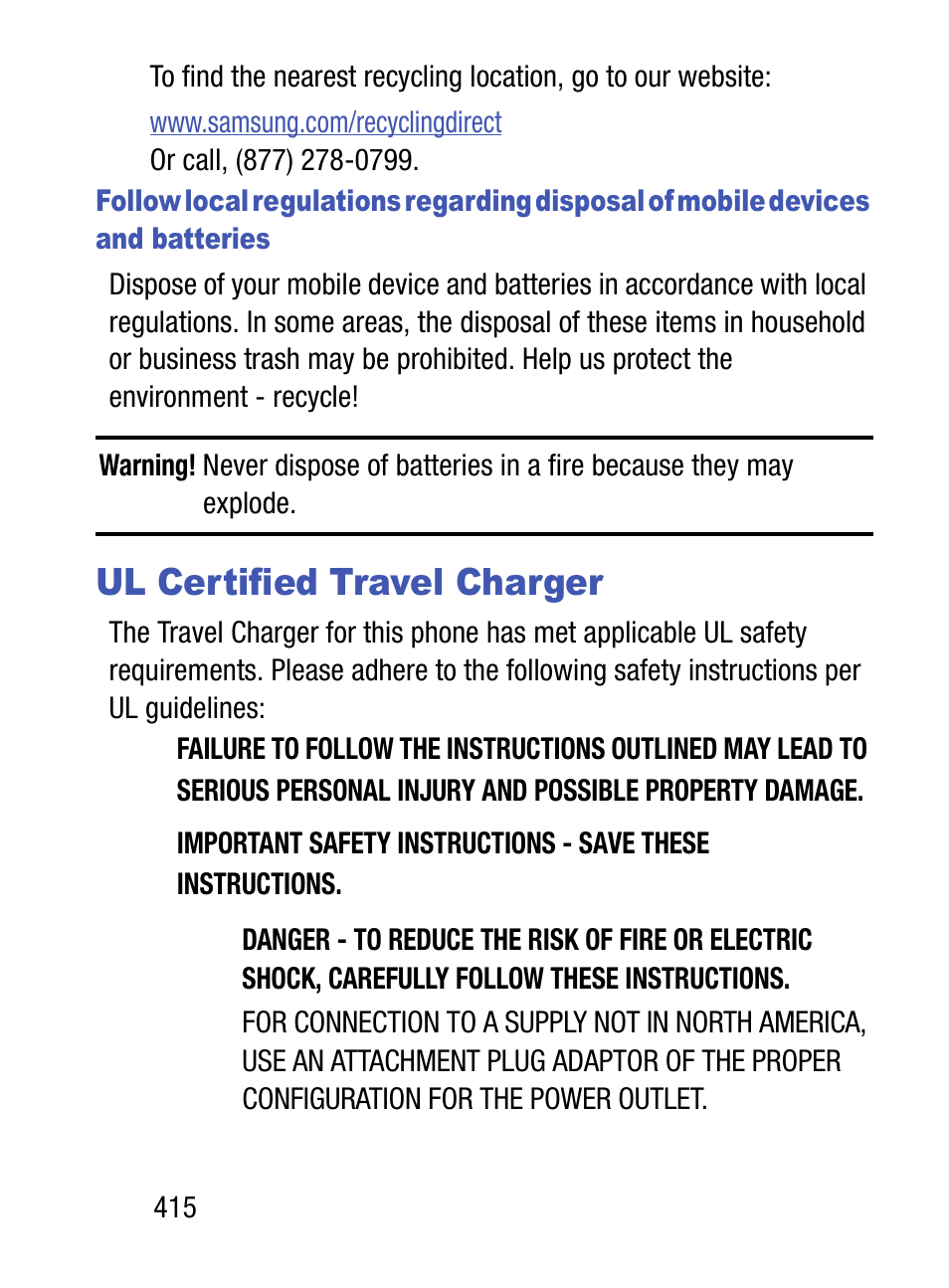 Ul certified travel charger | Samsung SM-S975LZKATFN User Manual | Page 422 / 479