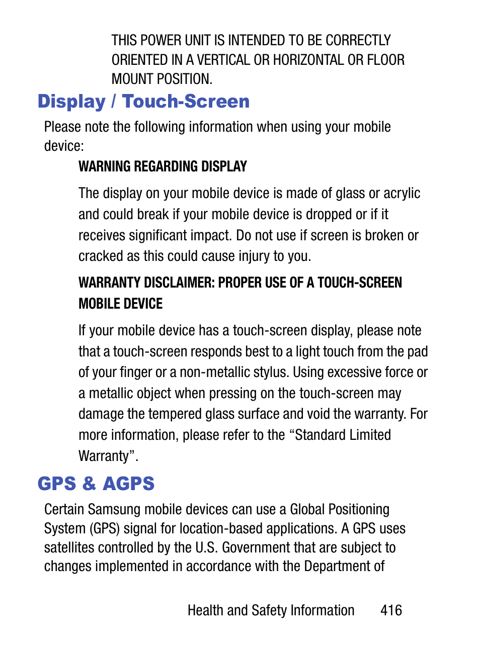 Display / touch-screen, Gps & agps, Display / touch-screen gps & agps | Samsung SM-S975LZKATFN User Manual | Page 423 / 479