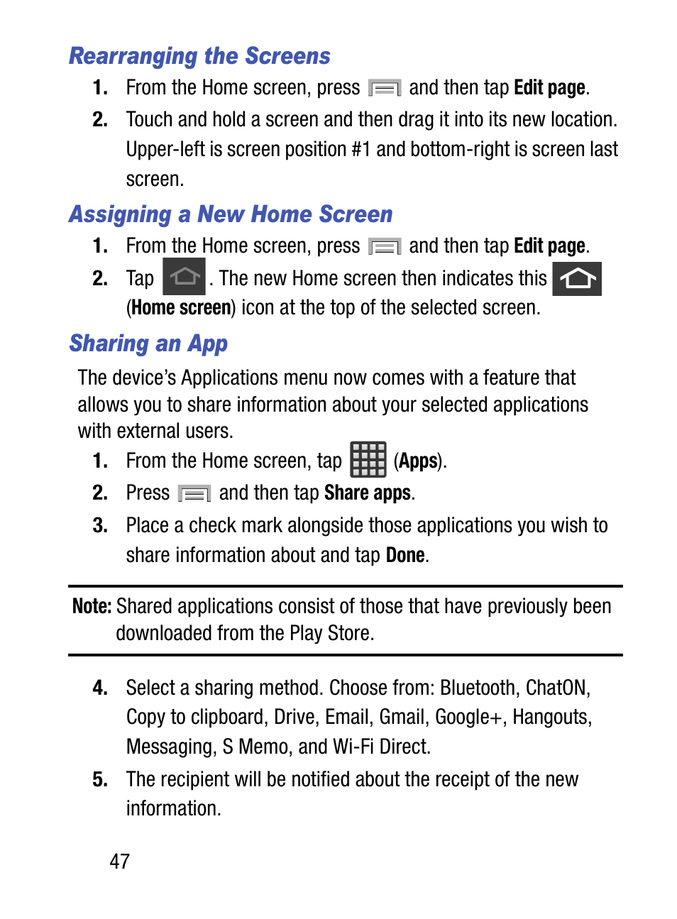 Rearranging the screens, Assigning a new home screen, Sharing an app | Samsung SM-S975LZKATFN User Manual | Page 54 / 479