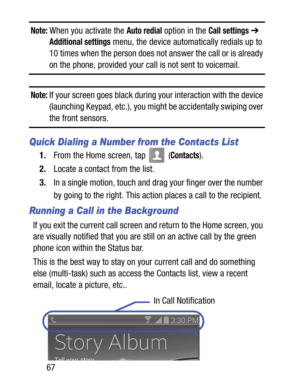 Quick dialing a number from the contacts list, Running a call in the background | Samsung SM-S975LZKATFN User Manual | Page 74 / 479