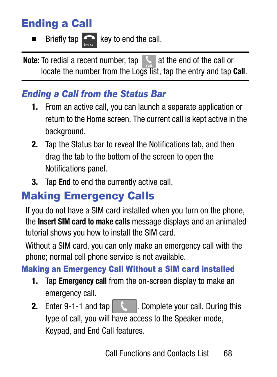 Ending a call, Making emergency calls, Ending a call from the status bar | Samsung SM-S975LZKATFN User Manual | Page 75 / 479